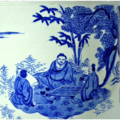 1168 Ming B&W brush pot depicting  of “The Four Sages"