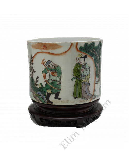 1053 Kangxi Wucai Brush Pot with “The Dream at the Grass Bridge Inn”