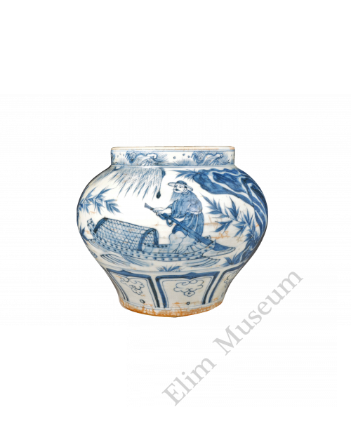 1672 A large blue-and-white jar with figures from The Peach Blossom Spring