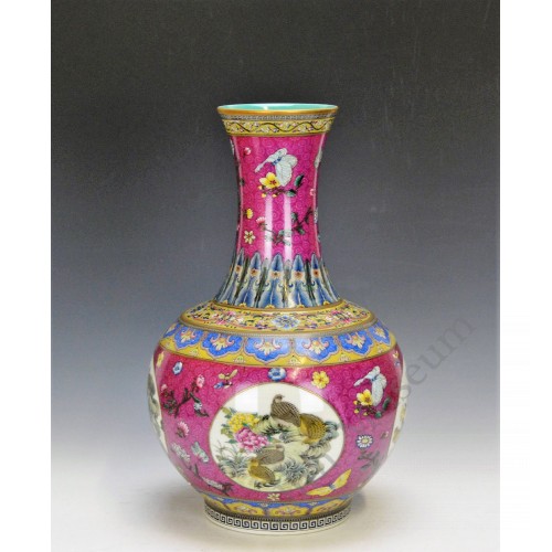 1032 A Yancai long neck vase with nine quails (1)