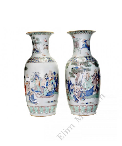 1109 A Pair of Fengcai vases with Lohans