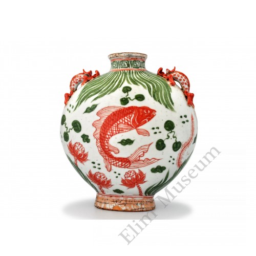 1408 A Yuan Red-Green glaze flask fish-lotus decor  