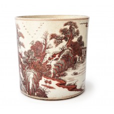 1565 An Kangxi period brush pot with under glaze red landscape