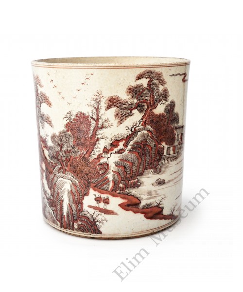 1565 An Kangxi period brush pot with under glaze red landscape