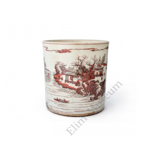 1565 An Kangxi period brush pot with under glaze red landscape