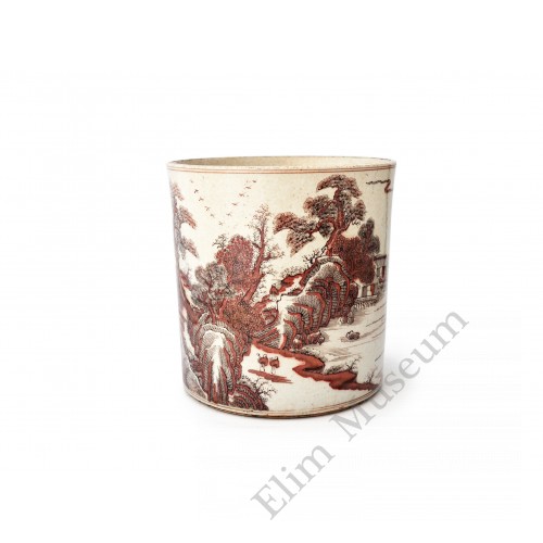 1565 An Kangxi period brush pot with under glaze red landscape