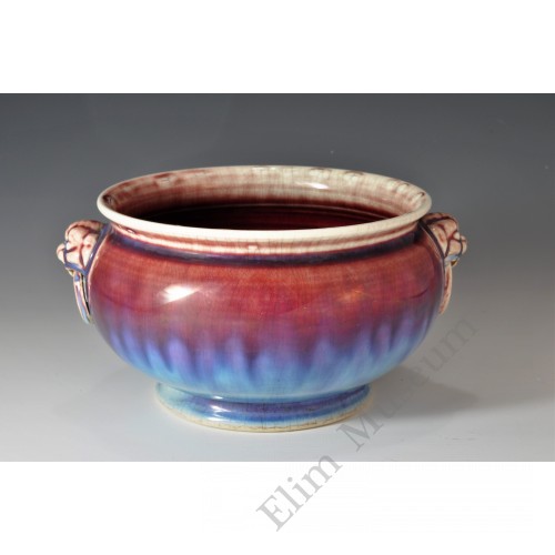 1653 A red glaze flambe lion-handles incenser  