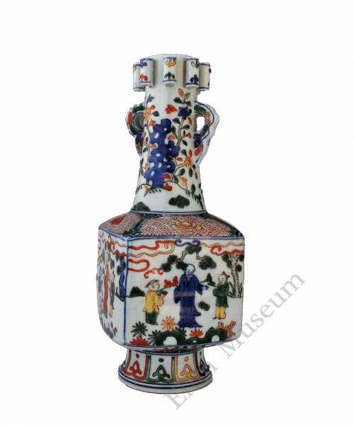 1660 A square wucai vase with figures, a long neck, and eight tubular openings