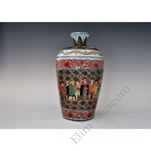 1690 A Meiping vase decorated with over glaze multi chromes figures