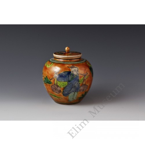 1693 A Wucai small lidded figured jar  