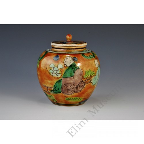 1693 A Wucai small lidded figured jar  