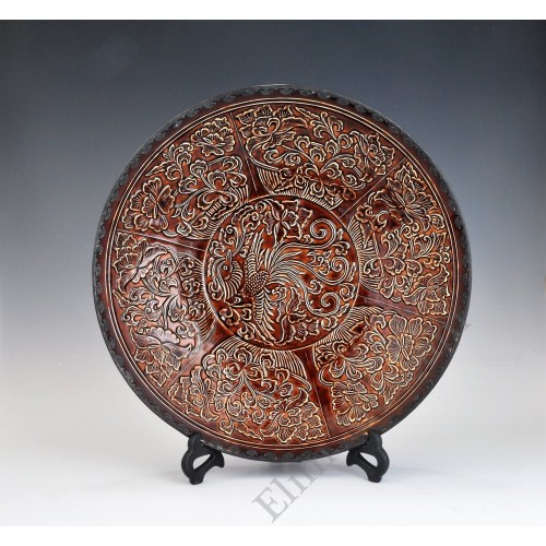 1695 Ding-ware brown glaze carved phoenix flowers plate