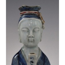 1730   A figure shaped porcelain ewer decorated by under glaze blue and red      