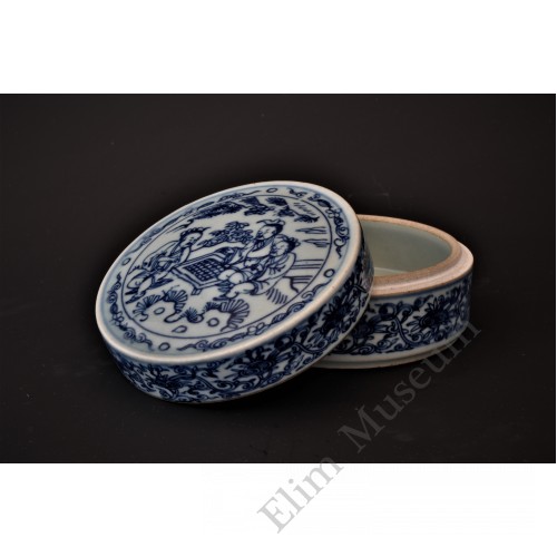 1770 A Ming Blue & White Rouge Powder Box with Sages