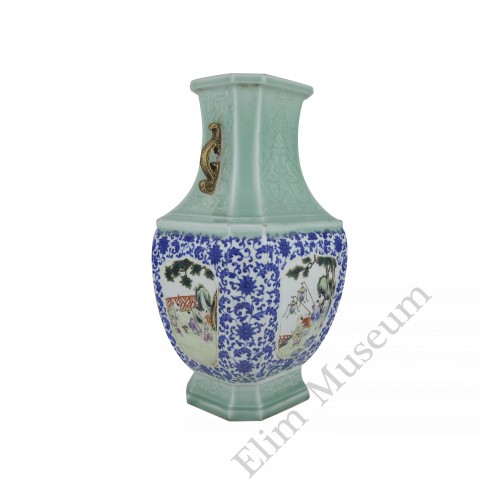 1209  A carved celadon underglaze-blue fencai vase