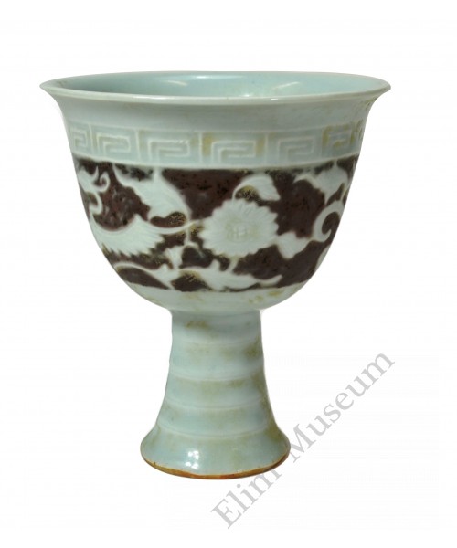 1216 An underglaze-red stem cup with geese and reed decor
