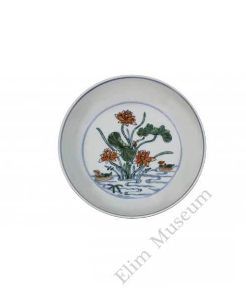 1217 A Doucai dish with pond scene of ducks in lotus 