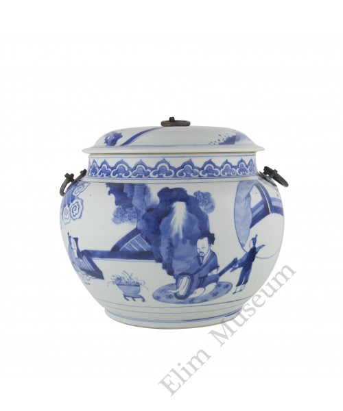 1250 Kang-Xi B&W porridge pot with figures