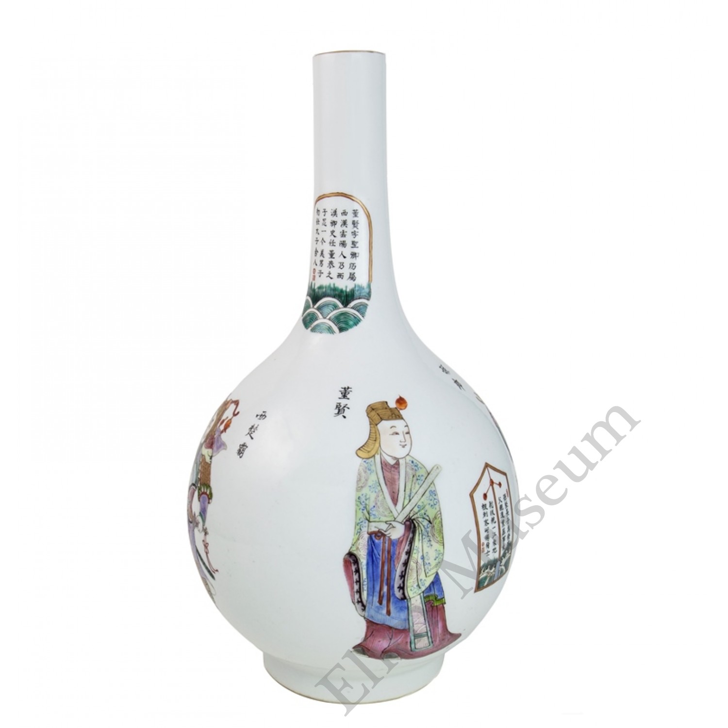 1033 A slender famille rose vase with figures from the Wushuangpu