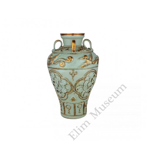 1345 A Yuan dynasty egg-white four handles vase