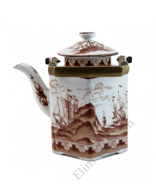 1044  A export Brown & White hexagonal shape teapot   