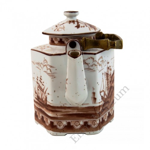 1044  A export Brown & White hexagonal shape teapot   