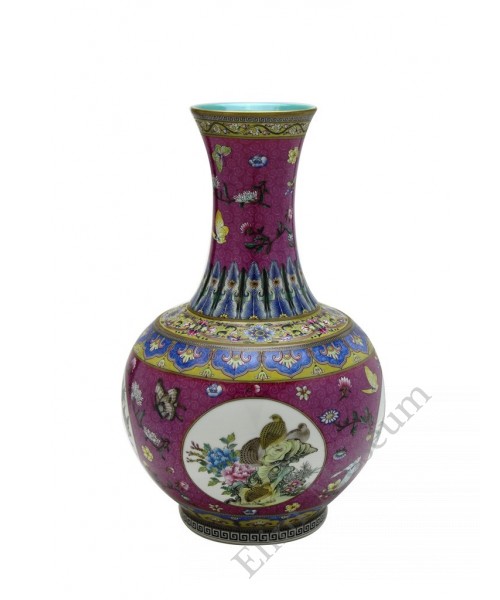 1057  Qianlong Yangcai mallet  vases with quails & flowers (2)