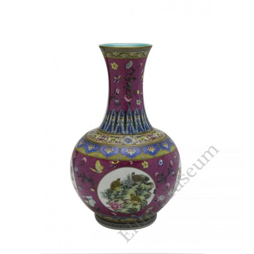 1057  Qianlong Yangcai mallet  vases with quails & flowers (2)