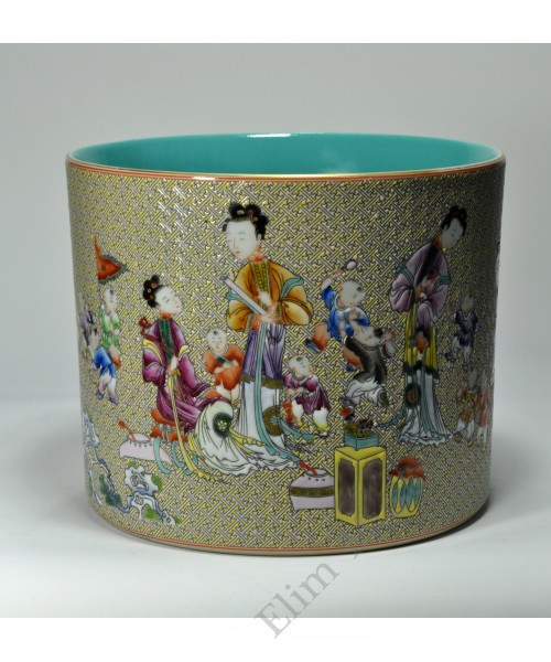 1058  A  Yangcai “ Four concubines and sons”  brush pot  