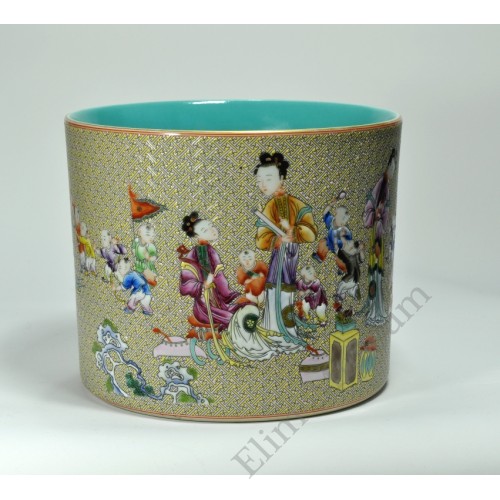 1058  A  Yangcai “ Four concubines and sons”  brush pot  