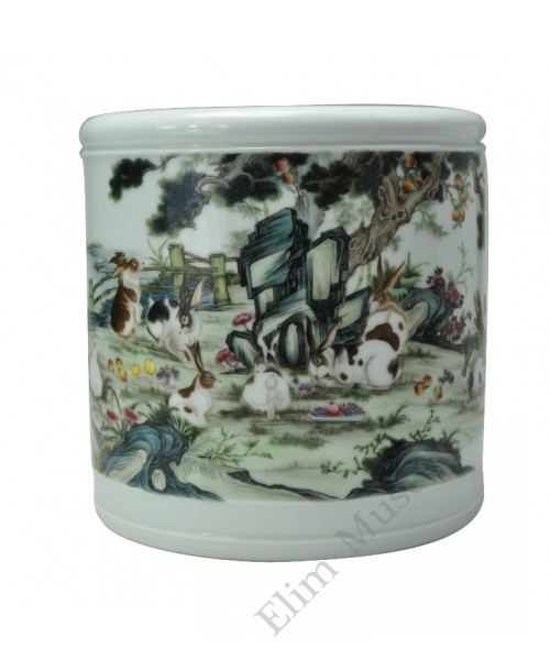 1052  A Yong-Zheng falancai brushpot with “Rabbits” 