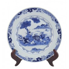 1061 A blue-and-white export dish with a scholar, a boy holding lingzhi, and butterflies