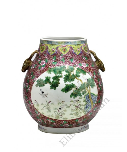 1078 Qing Dynasty  Fengcai  windowed “Crans&Deers ” vase