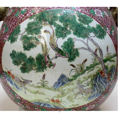 1078 Qing Dynasty  Fengcai  windowed “Crans&Deers ” vase