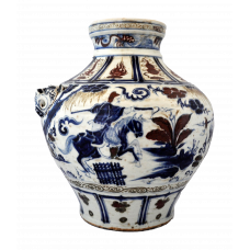 1384 Large Blue-and-White and Underglaze-Red Jar with Warriors on Horseback and Twin Beast-Head Handles