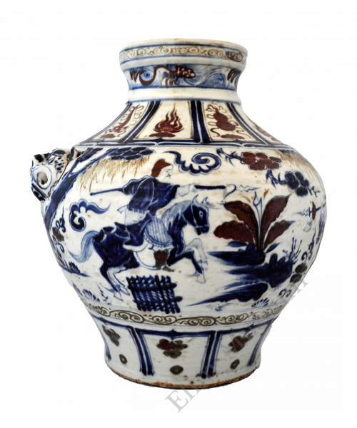 1384 Large Blue-and-White and Underglaze-Red Jar with Warriors on Horseback and Twin Beast-Head Handles