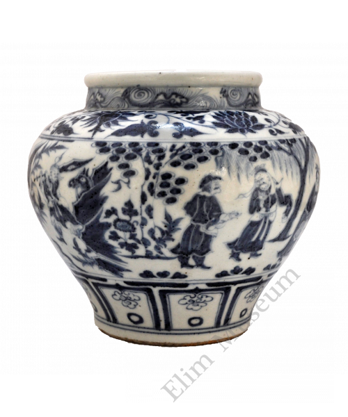 1413 A blue-and-white jar depicting the Three Visits to the Thatched Cottage